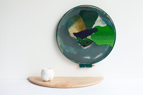 Have you seen this cup? It could be anywhere here, really. Bethan Lloyd Worthington, 2015 Porcelain, needlepoint tapestry, wood, dye