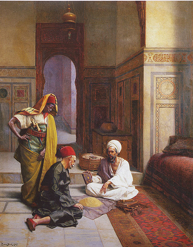 The Fortune-teller. Oil painting by the artist Ludwig Deutsch, 1927. This painting depicts a fortune- teller with a pile of sand and a bound manuscript, advising his client in presence of an attendant. Image source: ludwigdeutsch.blogspot.co.uk