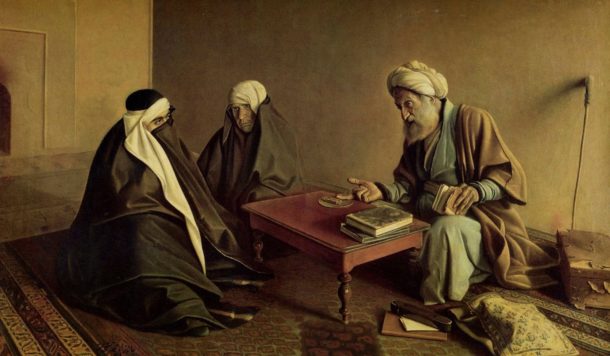 Ramal (fortune-teller) by Kamal al-Mulk, Golestan Palace, Iran. Painting showing a fortune teller using a similar set of brass dice strung together on a brass disk in order to cast a fa’l. Image source: arshnews.ir