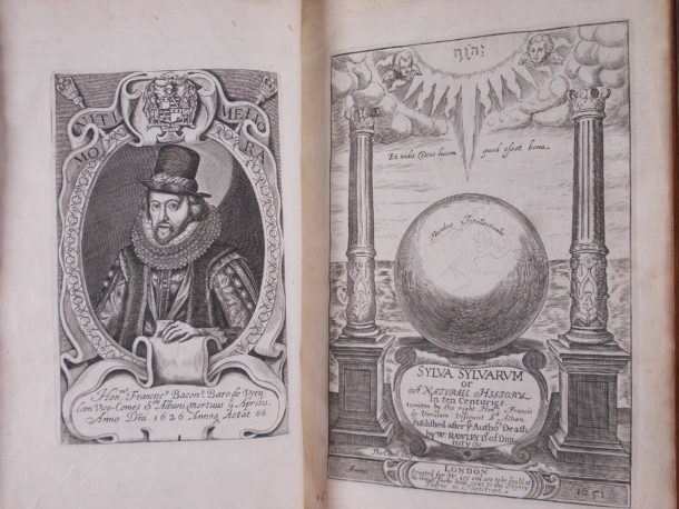 Frontispiece and title page to the seventh edition of Bacon's Sylva Sylvarum, 1658.