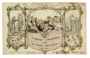 Image: The first Christmas card, commissioned by Henry Cole and designed by John Callcott Horsley, 1843 Lithograph coloured by hand. Museum number L.3293-1987 (c) Victoria and Albert Museum