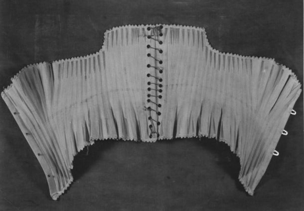 Woven corset, Charles Bayer, Britain, London, 1879-85. Linen, silk and whalebone (baleen), V&A: T.114&A-1938.