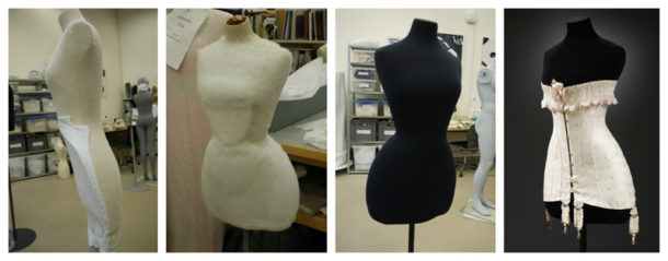 Mounting process for ‘S-bend’ corset probably Britain, about 1902–9, cotton, silk, whalebone (baleen), metal busk and machine-made lace trimmed, with replacement ribbon (courtesy of The Hopkins Collection).