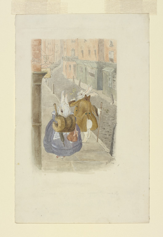 Greetings card design, watercolour and pen and ink drawing with traces of metallic paint, 1890. The Trustees of the Linder Collection. © Victoria and Albert Museum. With kind permission of Frederick Warne & Co.