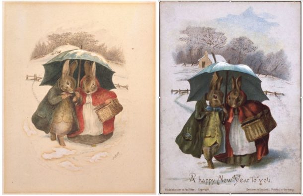 Watercolour and pen and ink design shown alongside the finished greetings card published by Hildesheimer & Faulkner, 1890. © Frederick Warne & Co.