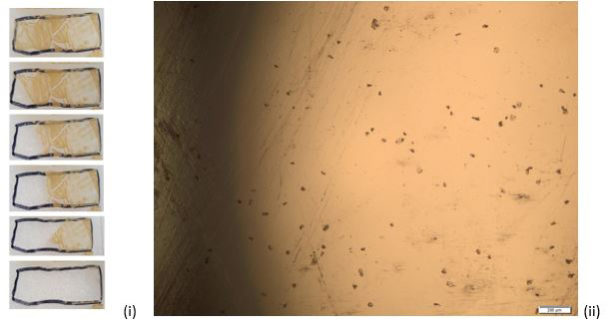 Figure 2. (i) Photograph of gradual trial for cleaning with the Er: YAG laser of Plexiglas sheet covered with residue of glue from duct tape. (ii) The surface of the Plexiglas after cleaning with the Er: YAG laser observed under the optical microscope (15x magnification). The damage caused by the laser can be consider as bearable while the trial for cleaning has proven successful. (Photography by Dafni Daskalaki-Mountanou © Imperial College London)