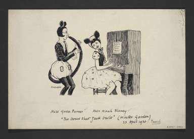 Pen and ink cartoon of Gwen Farrar and Norah Blaney in their comedy piano and clarinet routine in The House that Jack Built, April 1930. Pen and ink by W.K. Haselden for Punch magazine 6 January 1932. BTMA Collection. (V&A S.5027-2009)