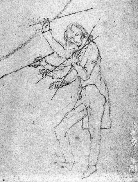 Pencil drawing by Daniel Maclise depicting the debut of Nicolo Paganini