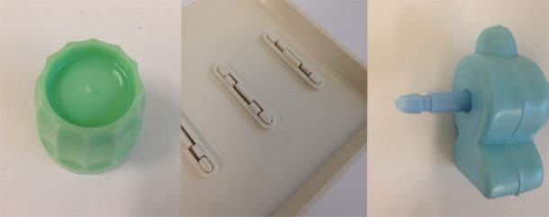 Fig 3. Examples of signs of manufacturing: sprue pin (left), ejector pins marks as circles (middle) and mould lines (right)
