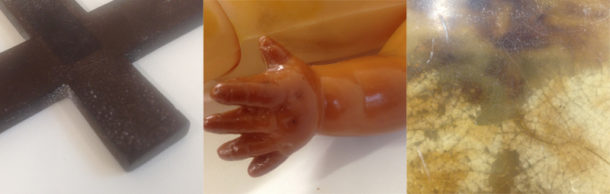 Fig 4. Different degradation issues that are present: white bloom on hard vulcanised rubber (left), discolouration and weeping on poly vinyl chloride (middle) and cubical crazing on cellulose nitrate (right)