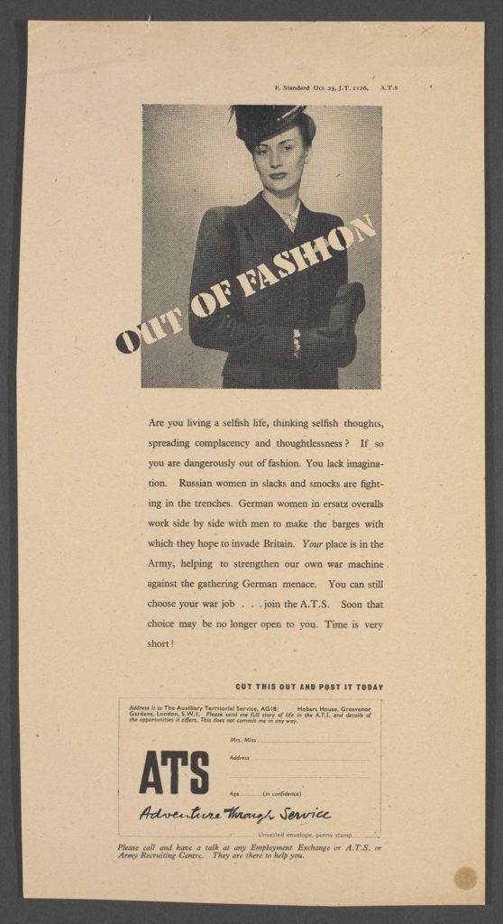"Out of fashion", ATS advertisement proof, Hans Schleger