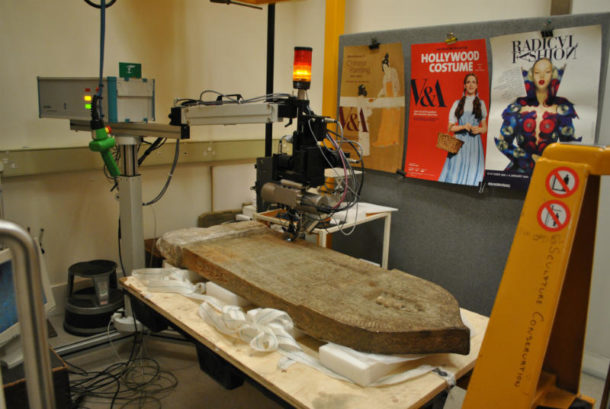 Footstone of the tomb of Nur al-Din Ibrahim (Mus.no. A.13-1933) undergoing XRF analysis Image, J. Puisto © Victoria and Albert Museum, London