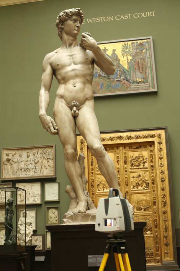 Plaster figure of Michelangelo's David (Mus.no. Repro.161-1857) during scanning at the Weston Cast Court Gallery. Image ©Plowman Craven