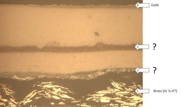 Figure 2: Cross section from the Angel under the microscope, showing clearly the colour and texture of the metallic layers. Image by L. Burgio © Victoria and Albert Museum, London.