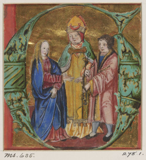 278:1. Cutting from a Choir book. Initial Gin green on a burnished gold ground with a miniature of a marriage. Germany, 16th century. © V&A Museum