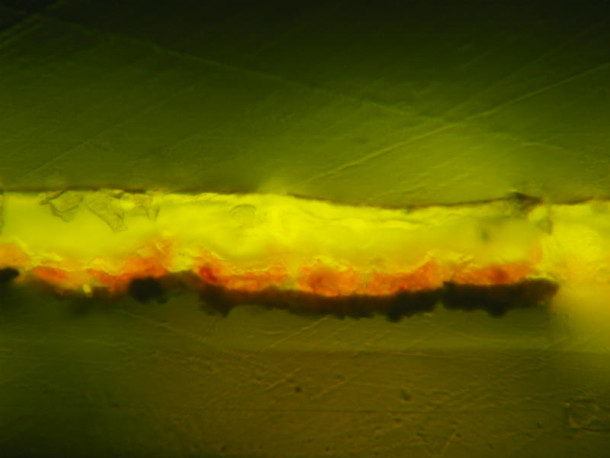 This magnified photo of a cross section shows metal leaf with a red glaze. Above that are layers of varnish, with a fine layer of dirt visible as a dark line © Lucia Burgio