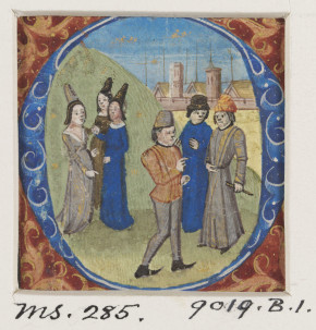 9019b/1. Cutting from printed book of devotion. Initial O with three youths and three ladies on a hillside with a town in the distance. Netherland, late 15th century. © V&A Museum