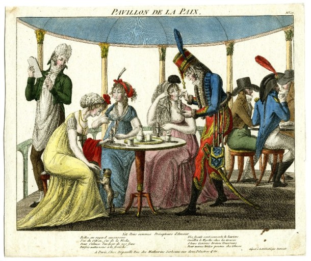 A waiter in a pavilion takes orders from three fashionable ladies who are seated eating ice cream, one being fed by a soldier in uniform. ‘Pavillon de la Paix’. Plate 17 of an untitled series, hand-coloured etching, France c.1801 © British Museum
