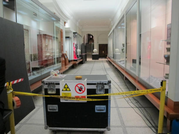 Barricades with warning signs in a gallery adjacent to the Cast Courts.