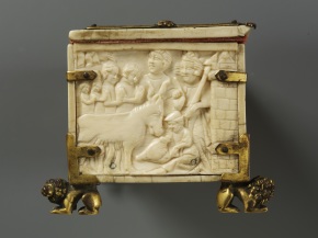 View of PR side of ivory casket A.45-1935, showing St. Eustace being martyred inside a brazen bull © Victoria and Albert Museum, London