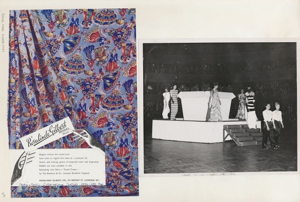 Plate from the Rosalinde Gilbert Models scrapbook, kept by the Gilberts and covering the years between ca. 1940 and 1949. The images date from 1946. The photograph on the right was taken at a fashion show at the Royal Albert Hall, possibly in conjunction with the famous exhibition Britain Can Make it! at the V&A where the Gilberts exhibited; The V&A Archive of Art and Design, GC/10/1