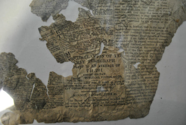 Daily Telegraph from 1882, found inside a wall mounted spandrel © Johanna Puisto, Victoria and Albert Museum, London