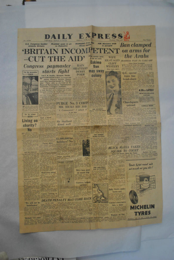 Daily Express dated Friday June 4 1948 found behind the Misericordia relief Daily Express dated Friday June 4 1948 found at the back of the Misericordia relief © Johanna Puisto, Victoria and Albert Museum, London.