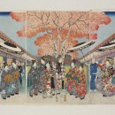 Japanese print by Shigenobu (Hiroshige II) depicting Nakano Street in the Yoshiwara district of Edo (Tokyo) during cherry blossom season.