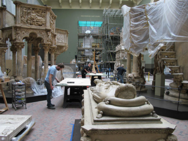 Technicians preparing objects for the November 2014 opening of the Weston Cast Court © Johanna Puisto, Victoria and Albert Museum, London
