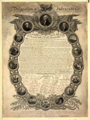 A facsimile of the Declaration of Independence, a design registered by John Binns in 1818 and printed in 1819. © Library of Congress