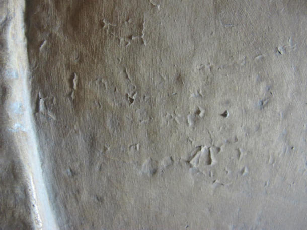 Peeling and cracked paint on David's back to the right of the sling strap.