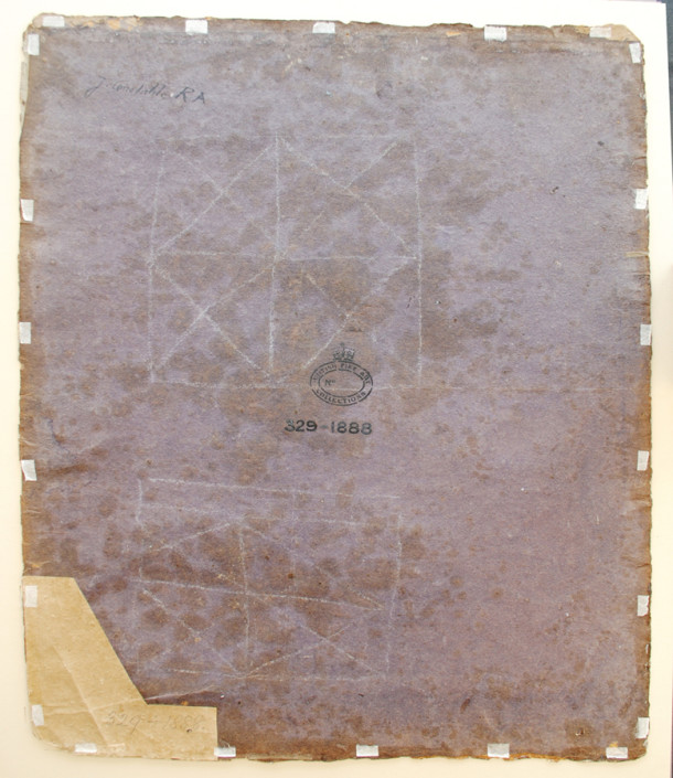 Chalk diagram on the back of 'Study of Poppies' showing how paper could be divided.