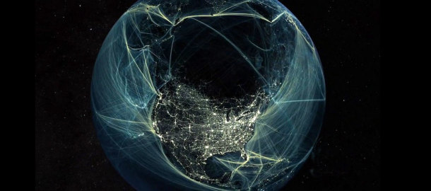 The New World Anthroposphere: Cities, roads, railways, transmissions lines and underwater cables. Image: courtesy of Globaia.org