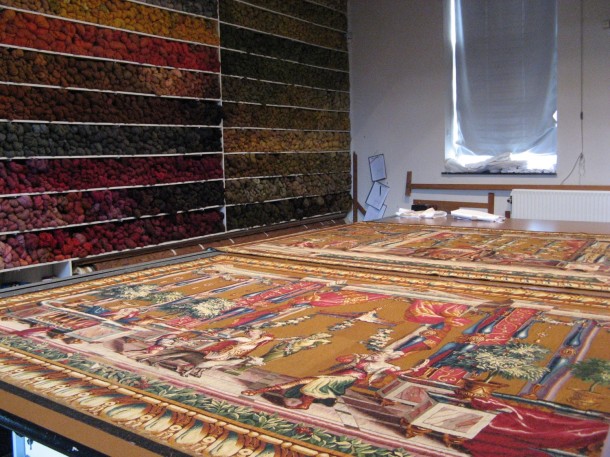 Two Beauvais grotesque tapestries, showing an elephant (V&A T.54-1955), and a camel (V&A T.53-1955), shown after wet cleaning © Victoria and Albert Museum, London