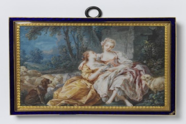 Landscape miniature of a pastoral scene, after Bouchers The Love Letter, watercolour on ivory, attributed to Pierre Antoine Baudouin (1723-1769).