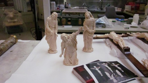 The three figures that will sit on the base of the case. We need to take care that their gestures and gazes work to best effect in their arrangement.
