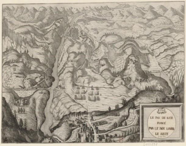Le Pas de Suze forcé par le Roy Louis le Juste, engraving and etching, 17th century. Source gallica.bnf.fr / Bibliothèque nationale de France