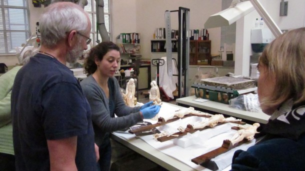Conservators, technicians and curators discussing possibilities of how to mount the two small sets of angels (we don't want them swinging around like Christmas baubles!)