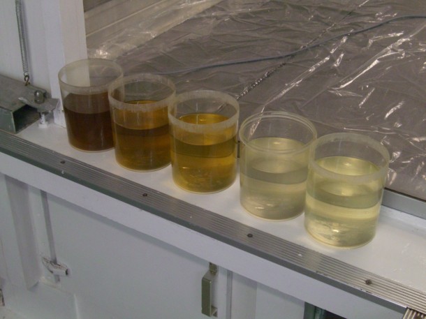 Waste water as the cleaning of the Louis XIV needlepoint progressed (from left to right!) © Victoria and Albert Museum, London