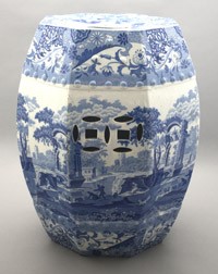 A blue-and-white patterned garden seat