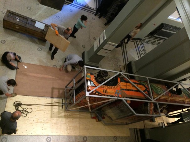 Halfway through the install; laying a final plywood board for the morning and parking up next to Giambologna’s 'Samson Slaying a Philistine'.
