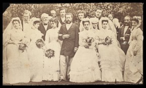 Photograph of Adelina Patti's wedding to Marquis Henri de Caux, 29 July 1868. Her four bridesmaids wear matching dresses and veils. © V&A Collection