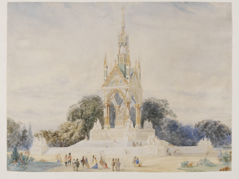 An original design for the Albert Memorial, possibly that submitted to Queen Victoria in January 1863, showing the monument in Kensington Gardens, with groups of spectators. Watercolour and gouache drawing, possibly by Sir George Gilbert Scott. Museum number E.2601-1962 ©Victoria and Albert Museum, London