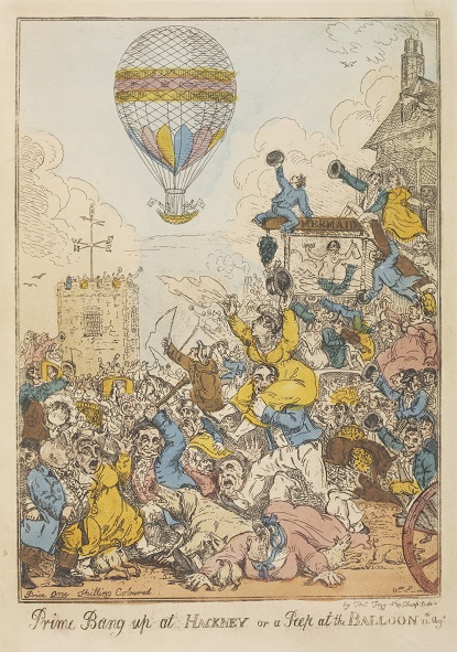 ‘Prime Bang up at Hackney or a Peep at the Balloon’, hand-coloured etching by William Elmes, 1811. Museum no. E. 4768-1923