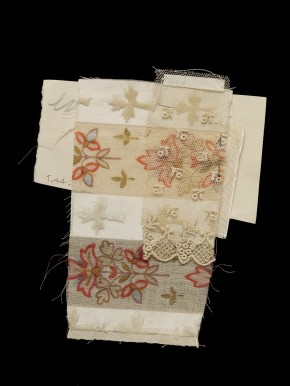 Prince Beatrice trousseau swatch - Striped linen and silk with floral sprays and sprigs, pinned to lace fragment.
