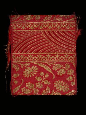 Silk with crimson satin ground fabric swatch, taken from the fabrics chosen for Princess Beatrice's trousseau