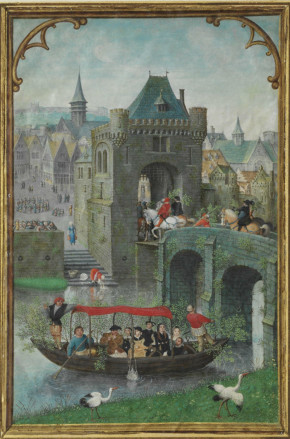 This page for the month of May depicts May Day celebrations. There is a boat trip with musicians, a floral procession and the whole town appears to be out dancing in the square.