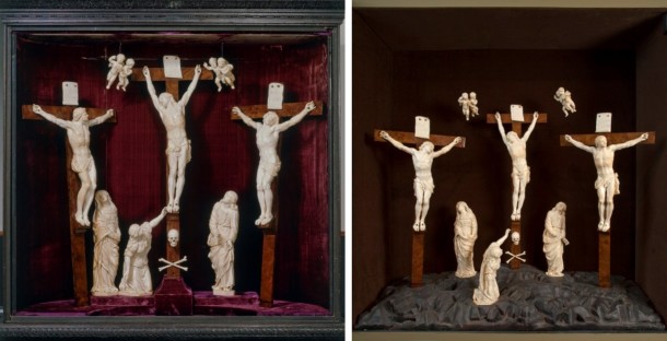 The image on the left shows the group's arrangement when it was acquired bu the Museum. The image on the right shows it as it was previously displayed in the Jones Galleries.