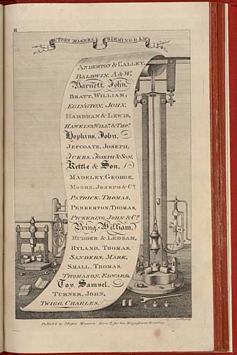 Advertisement for Button Makers in Birmingham. J Bisset, Bisset's Magnificent Guide or Grand Copper Plate Directory for the Town of Birmingham…(Birmingham, Printed for the Author by R Jabet, 1808).