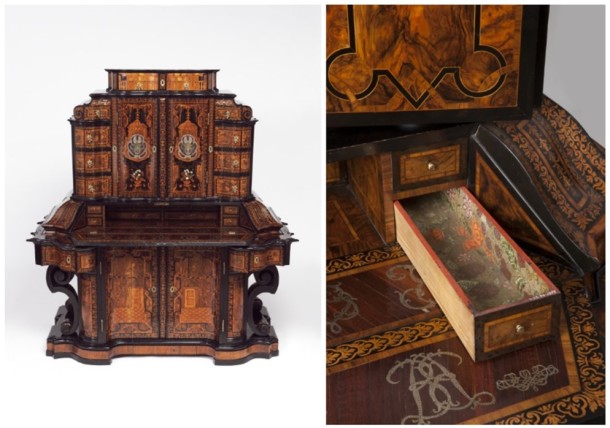 The inside of one of the many drawers from an imposing 1716 writing cabinet. Made in Würzburg by Jacob Arend of Koblenz and Johannes Wittalm of Vienna, working for Servatius Arend, the court cabinet-maker in Würzburg. V&A W.23-1975